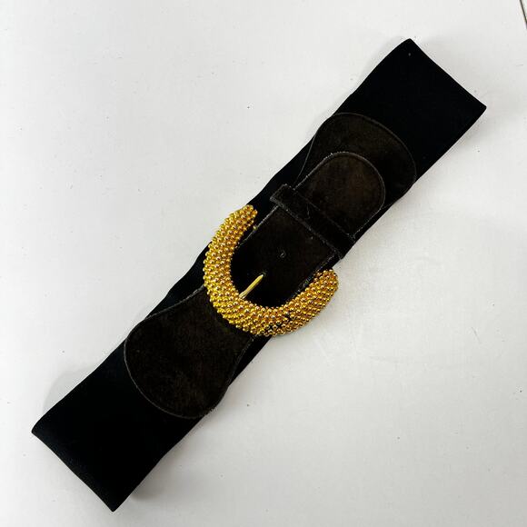 Vintage 80's Express Wide Stretch Belt Gold Buckle Suede Leather Size M - Picture 1 of 5